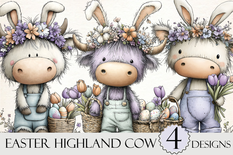 Whimsical Easter Highland Cow Clipart