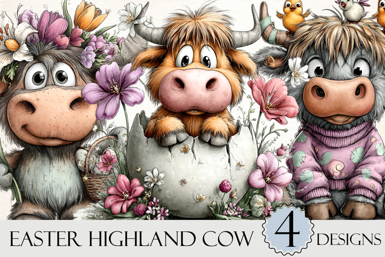 Whimsical Easter Highland Cow Clipart