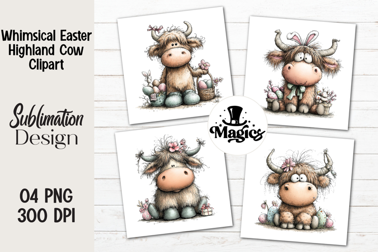 Whimsical Easter Highland Cow Clipart, Easter Sublimation