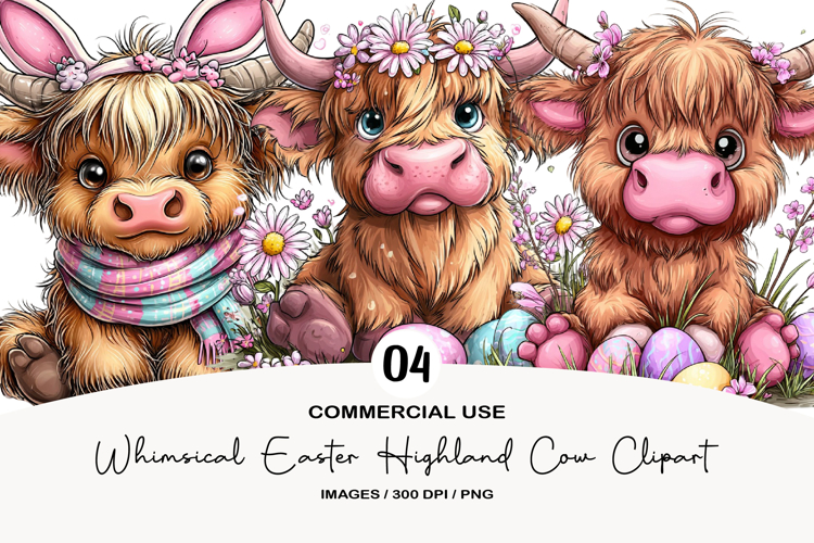 Whimsical Easter Highland Cow Clipart