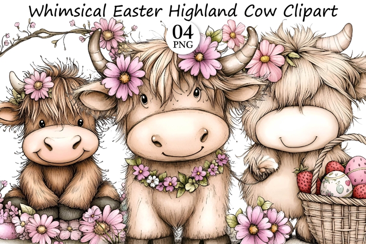 Whimsical Easter Highland Cow Clipart