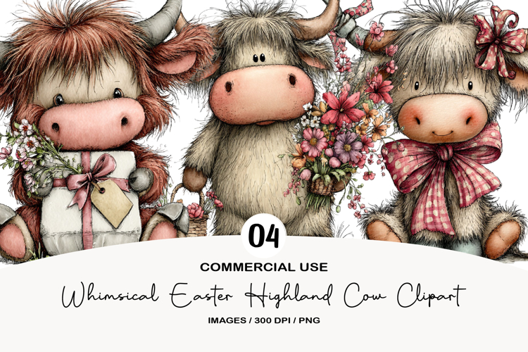 Whimsical Easter Highland Cow Clipart