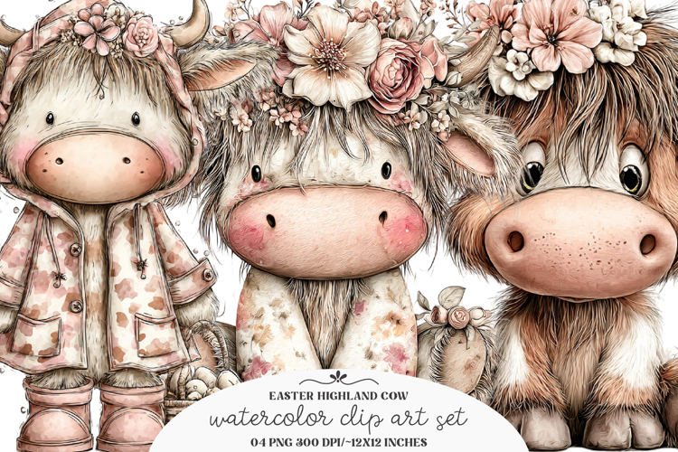 Whimsical Easter Highland Cow Clipart - Easter Highland Cow