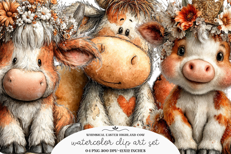 Whimsical easter highland cow clipart - Easter highland cow
