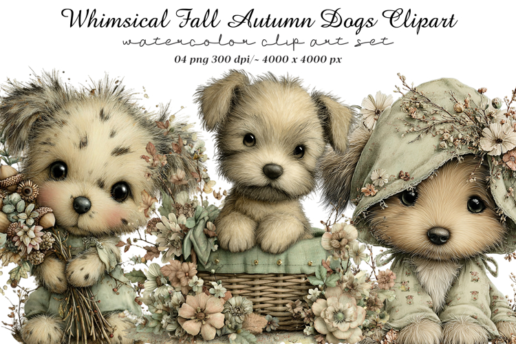 Whimsical Fall Autumn Dogs Clipart example image 1