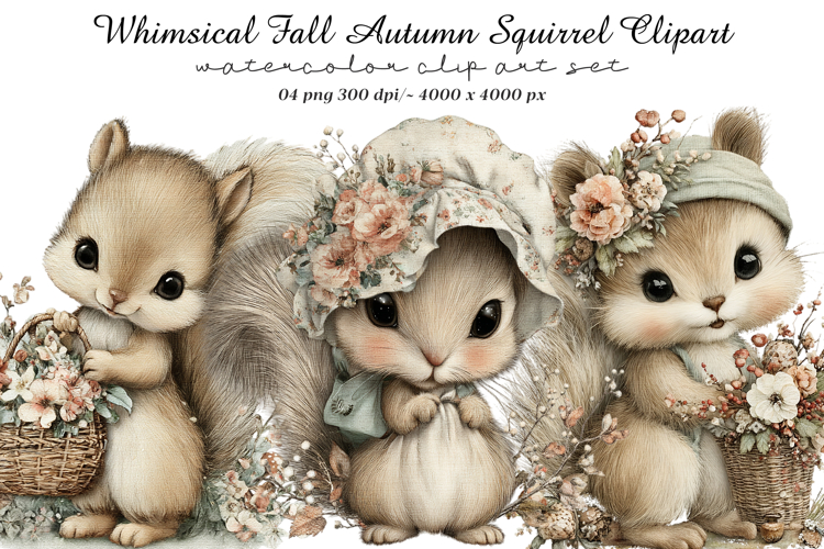Whimsical Fall Autumn Squirrel Clipart example image 1
