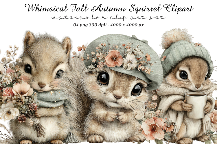Whimsical Fall Autumn Squirrel Clipart example image 1