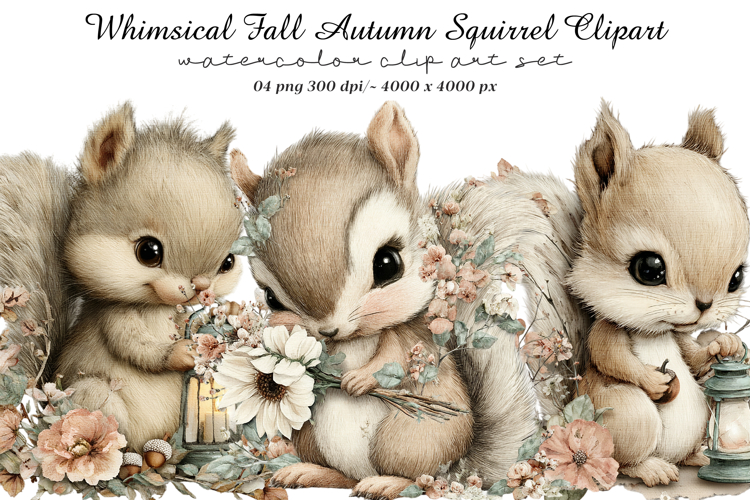 Whimsical Fall Autumn Squirrel Clipart example image 1