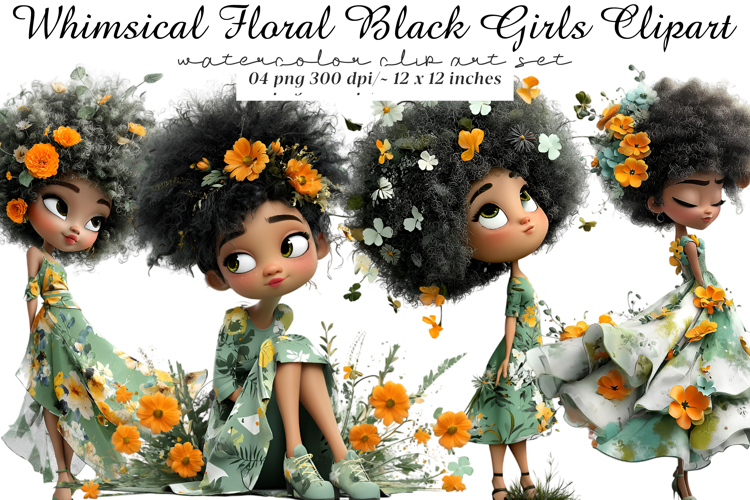 Whimsical Floral Black Girls Clipart
