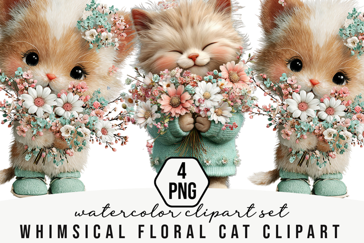 Whimsical Floral Cat Clipart