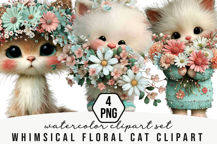 Whimsical Floral Cat Clipart