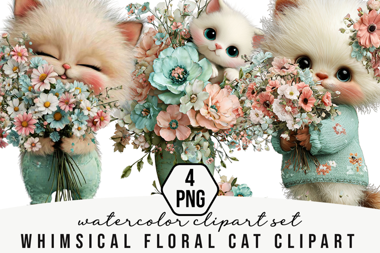 Whimsical Floral Cat Clipart