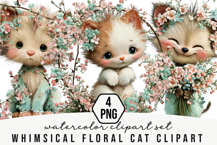 Whimsical Floral Cat Clipart