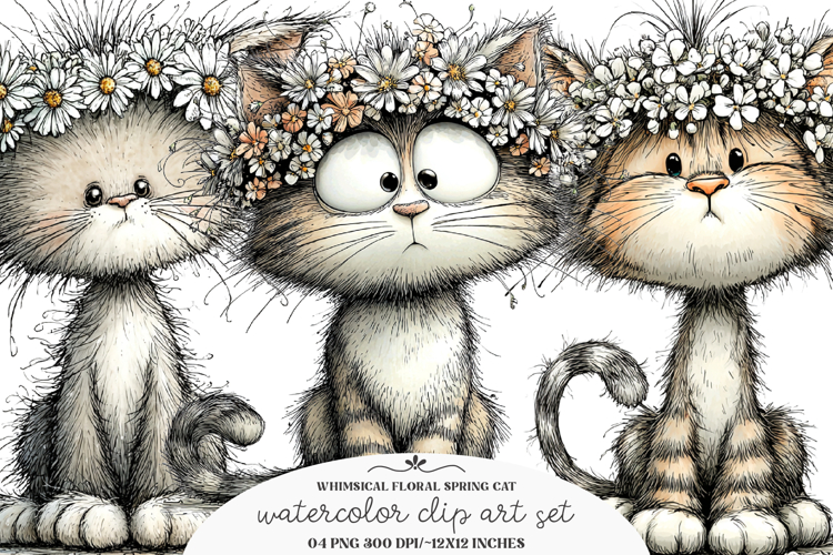 Whimsical floral spring cat clipart - floral spring cat Png