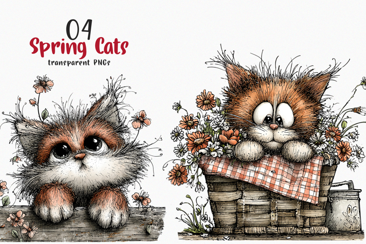 Whimsical Floral Spring Cats Png