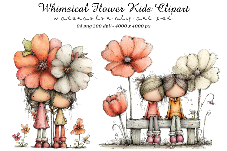 Whimsical Flower Kids Clipart example image 1