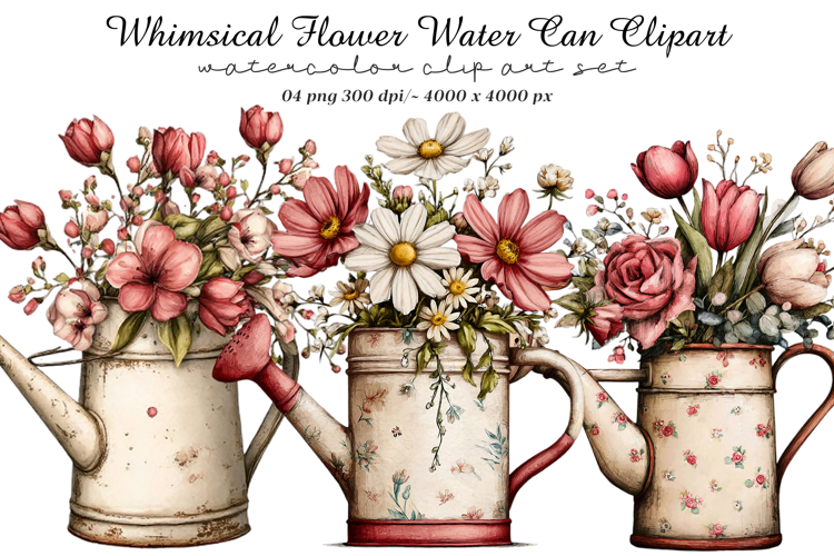 Whimsical Flower Water Can Clipart