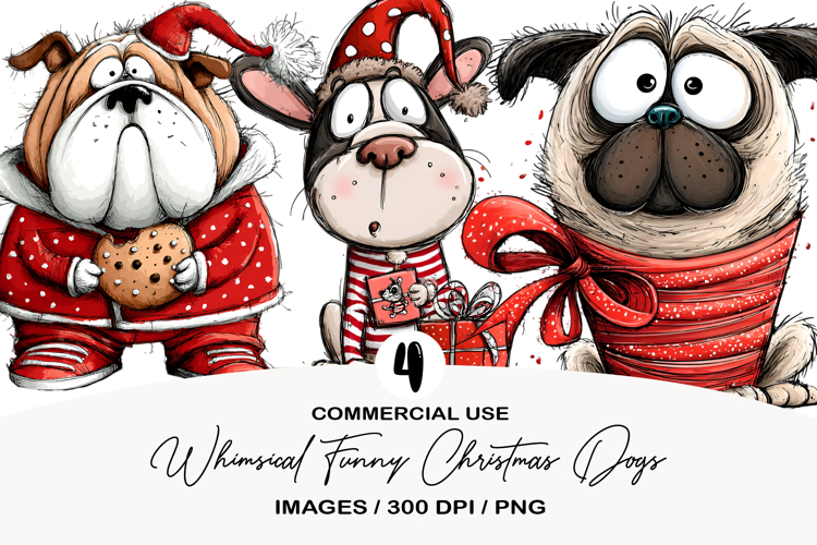 Whimsical Funny Puppy Christmas Dogs Clipart