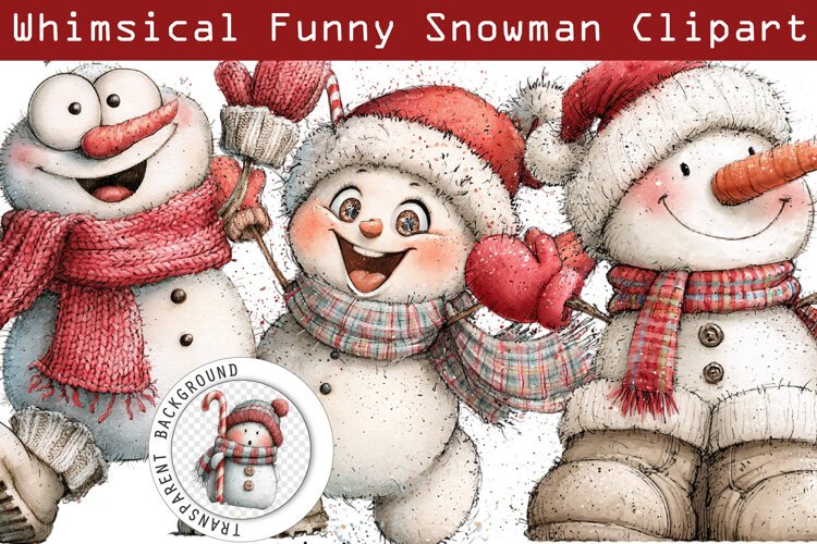 Whimsical Funny Christmas Snowman Clipart PNG example image 1
