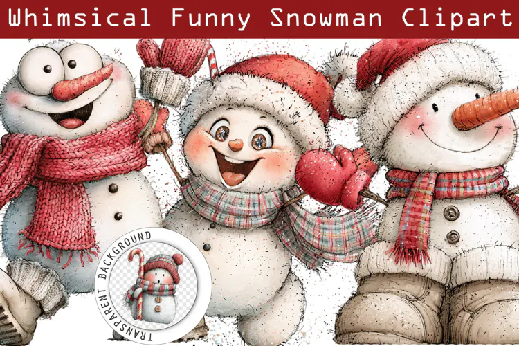 Whimsical Funny Christmas Snowman Clipart PNG