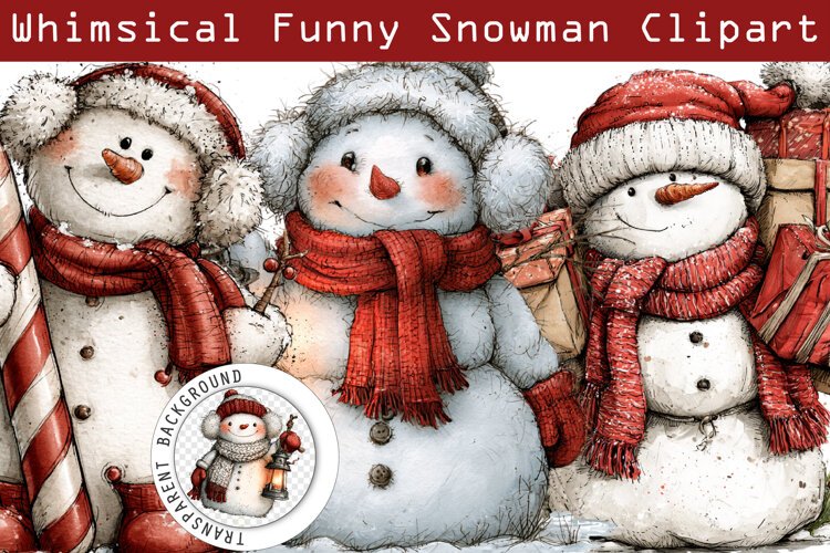 Whimsical Funny Christmas Snowman Clipart PNG example image 1