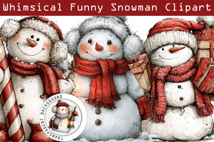 Whimsical Funny Christmas Snowman Clipart PNG