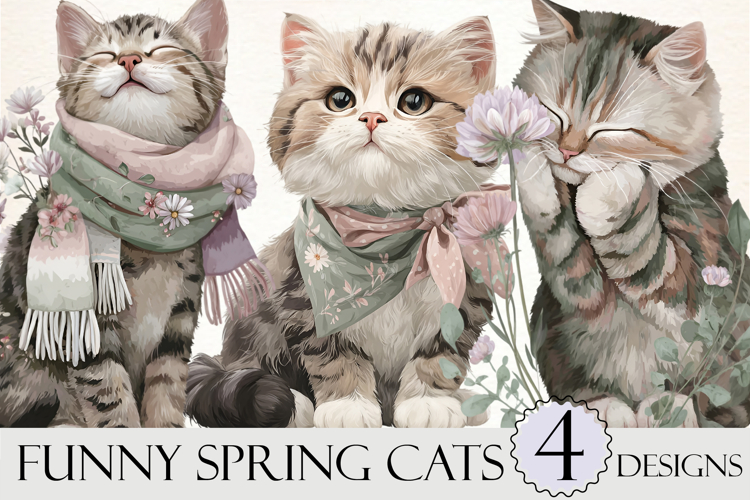 Whimsical Funny Spring Cats Clipart