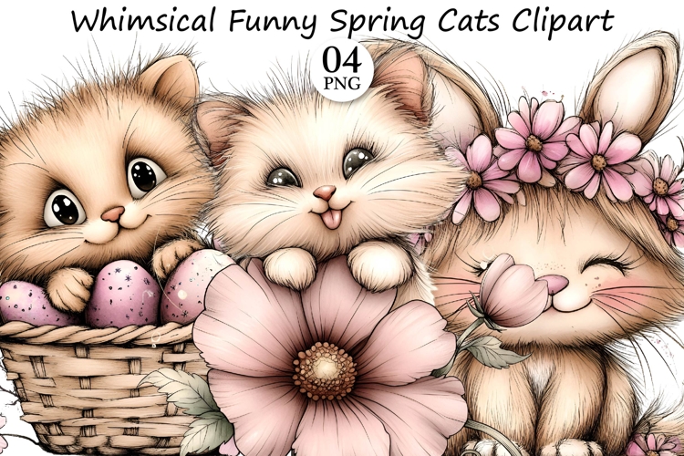 Whimsical Funny Spring Cats Clipart
