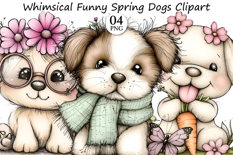 Whimsical Funny Spring Dogs Clipart