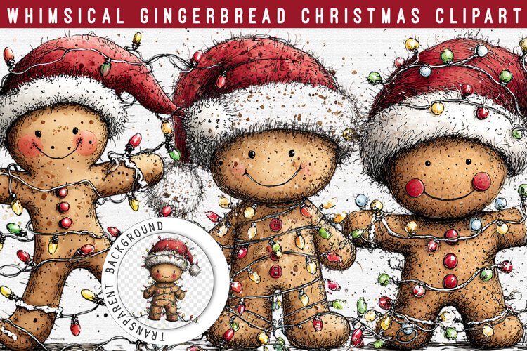 Whimsical Gingerbread Christmas Clipart PNG | Cute Santa Hat example image 1