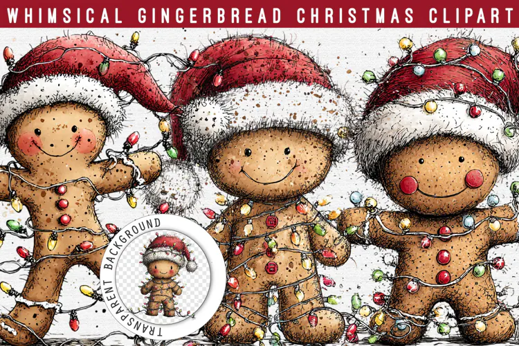 Whimsical Gingerbread Christmas Clipart PNG | Cute Santa Hat
