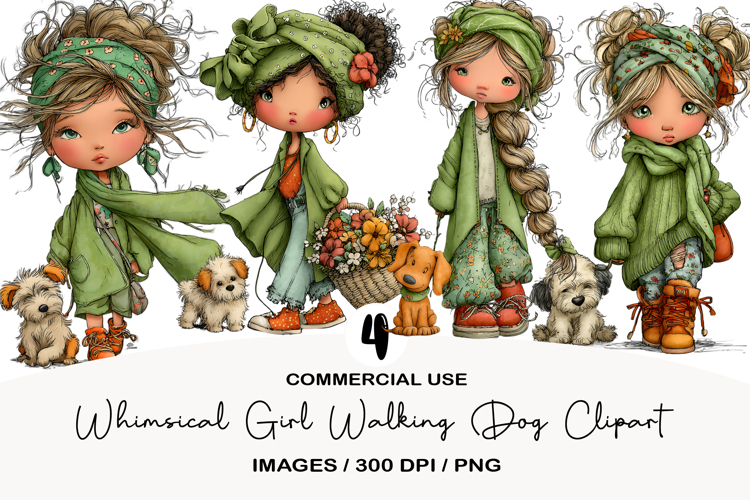 Whimsical Girl Walking Dog Clipart