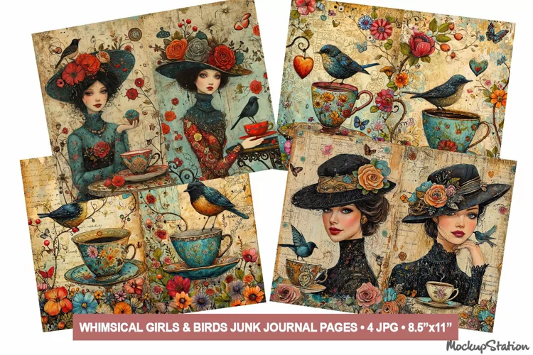 Whimsical Girls & Birds Junk Journal Printable Half Pages