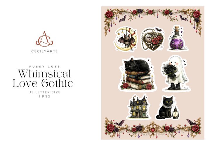 Whimsical Love Gothic Fussy Cut Sheet example image 1