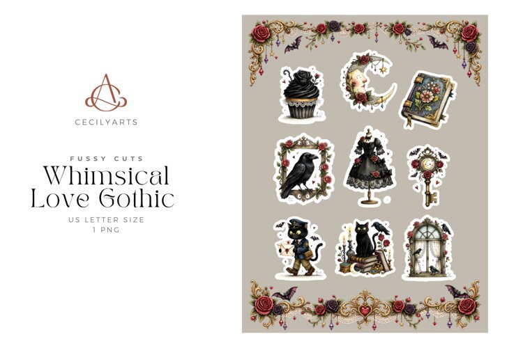 Whimsical Love Gothic Fussy Cut Sheet example image 1