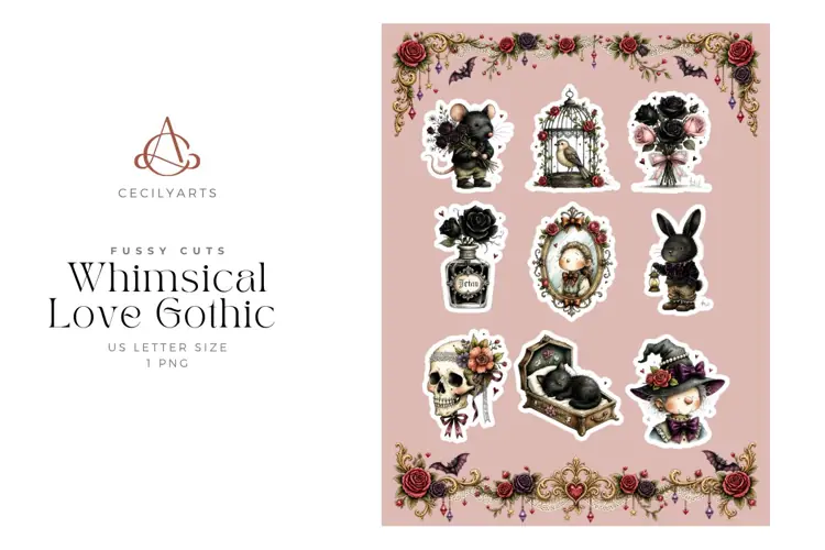 Whimsical Love Gothic Fussy Cut Sheet