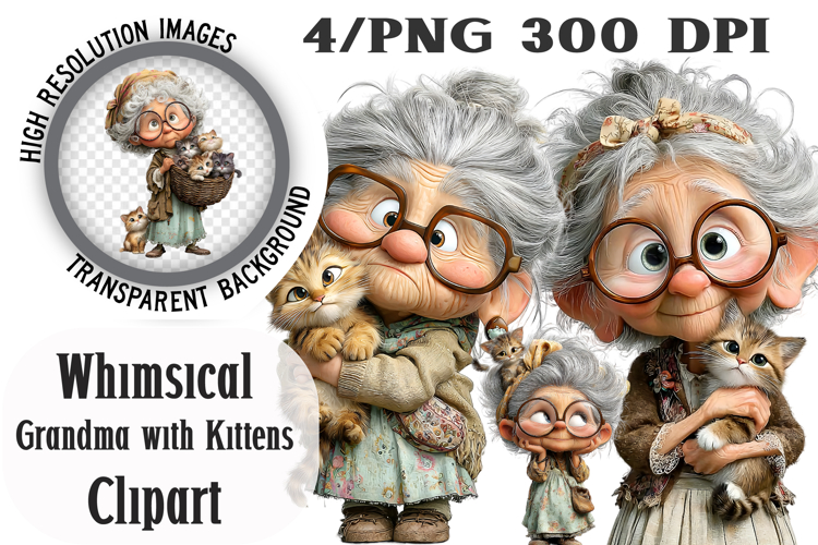 Whimsical Grandma with Kittens Clipart
