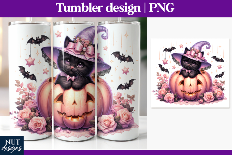 Black Cat Halloween Tumbler wrap Whimsical pastel halloween