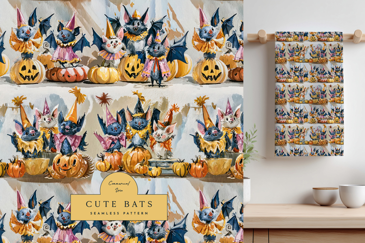 Whimsical Halloween Bat Seamless Pattern with Pumpkins
