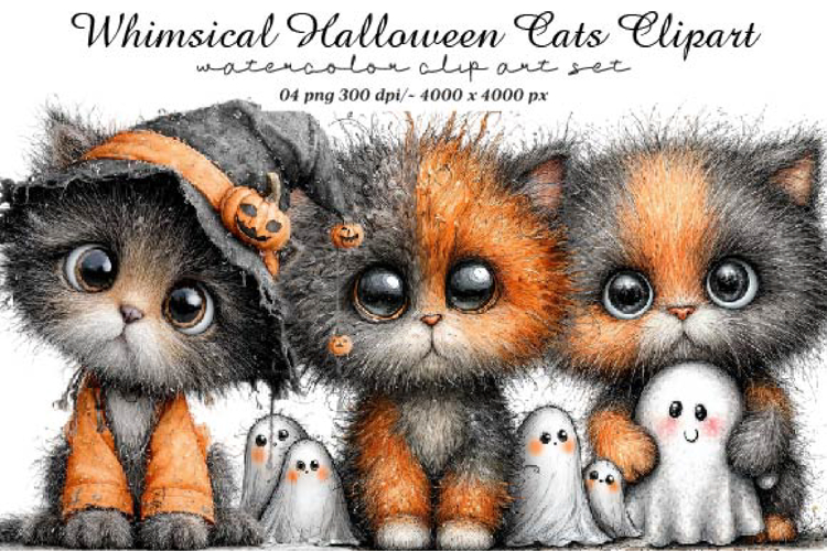 Whimsical Halloween Cats Clipart