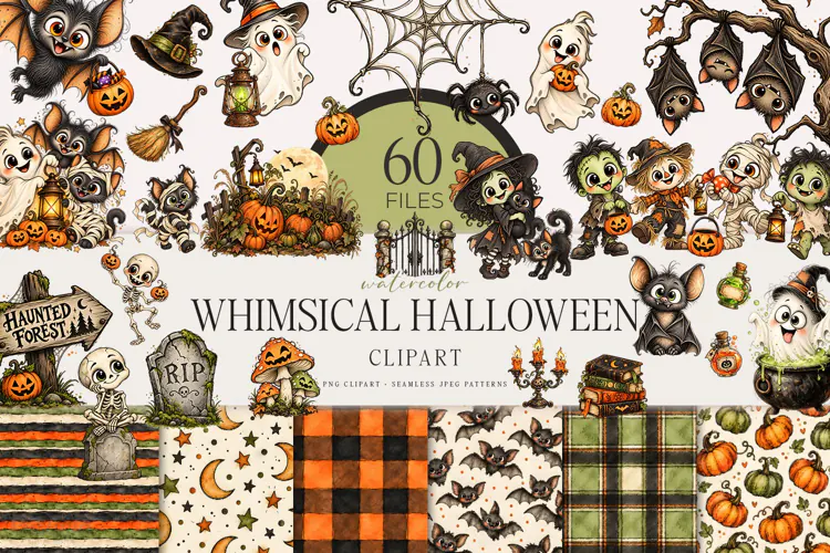 Whimsical Halloween Clipart | Spooky Watercolor PNG
