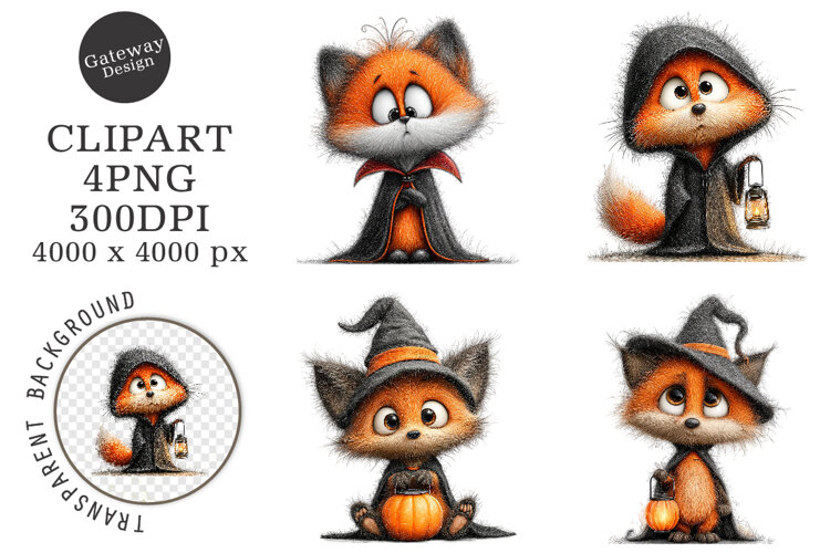 Whimsical Halloween Fox Clipart example image 1