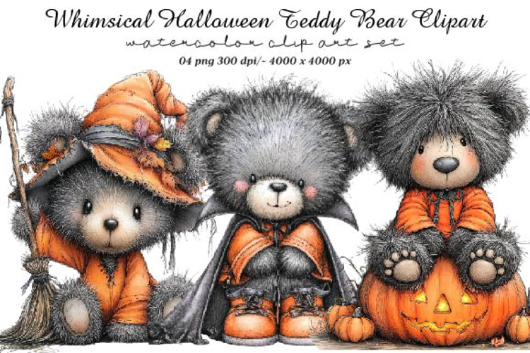 Whimsical Halloween Teddy Bear Clipart
