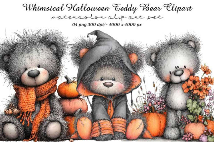 Whimsical Halloween Teddy Bear Clipart