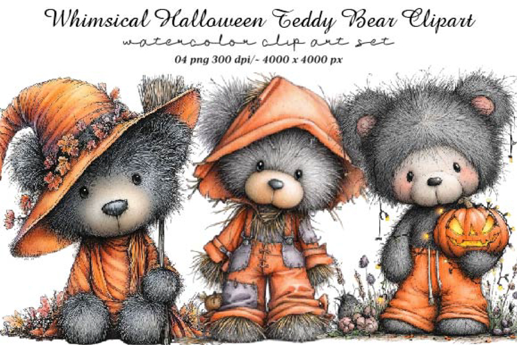 Whimsical Halloween Teddy Bear Clipart