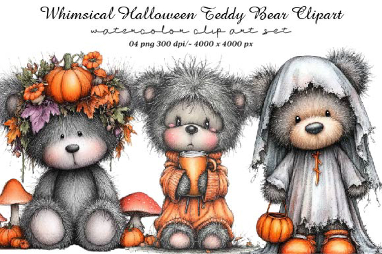 Whimsical Halloween Teddy Bear Clipart