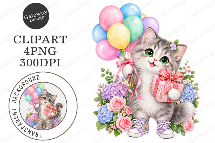 Whimsical Happy Birthday Cat Clipart example image 1