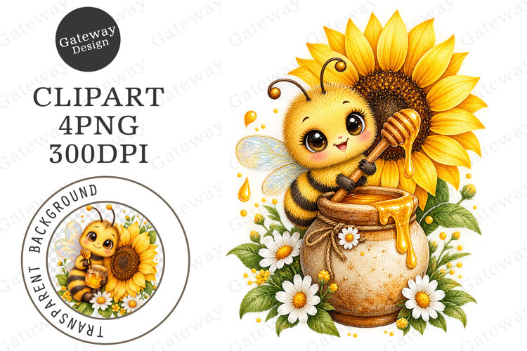 Whimsical Honey Bee & Sunflower Clipart example image 1