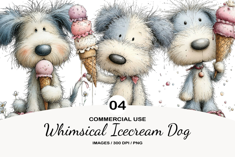 Whimsical Icecream Dog Watercolor Clipart