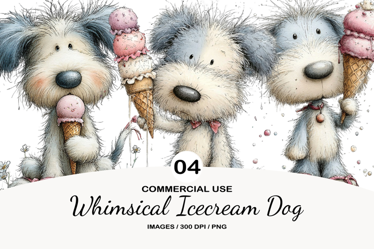 Whimsical Icecream Dog Watercolor Clipart